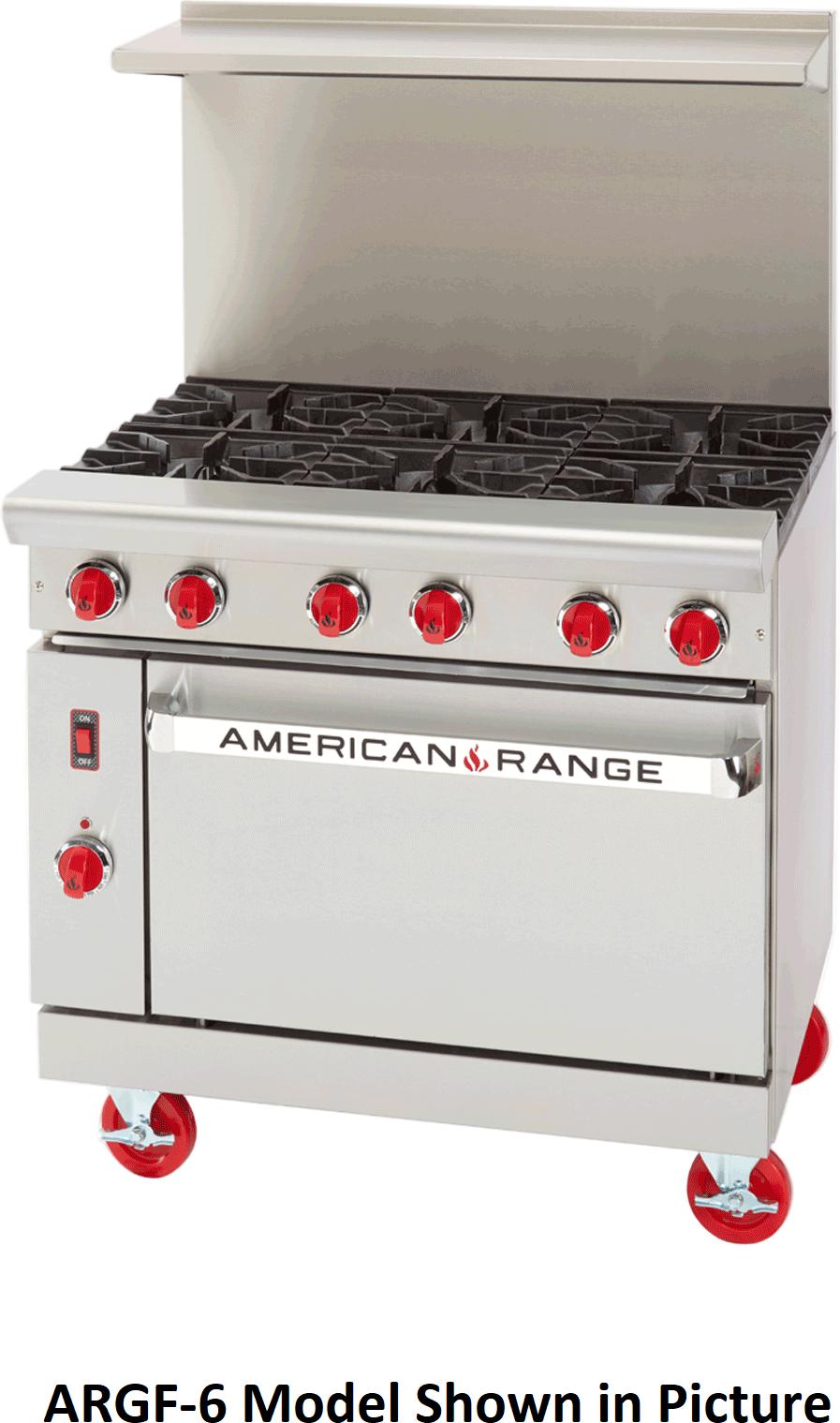 American Range - 36" Stainless Steel Green Flame Ranges 6 Burners with 26.5" Standard Oven - ARGF-6-C