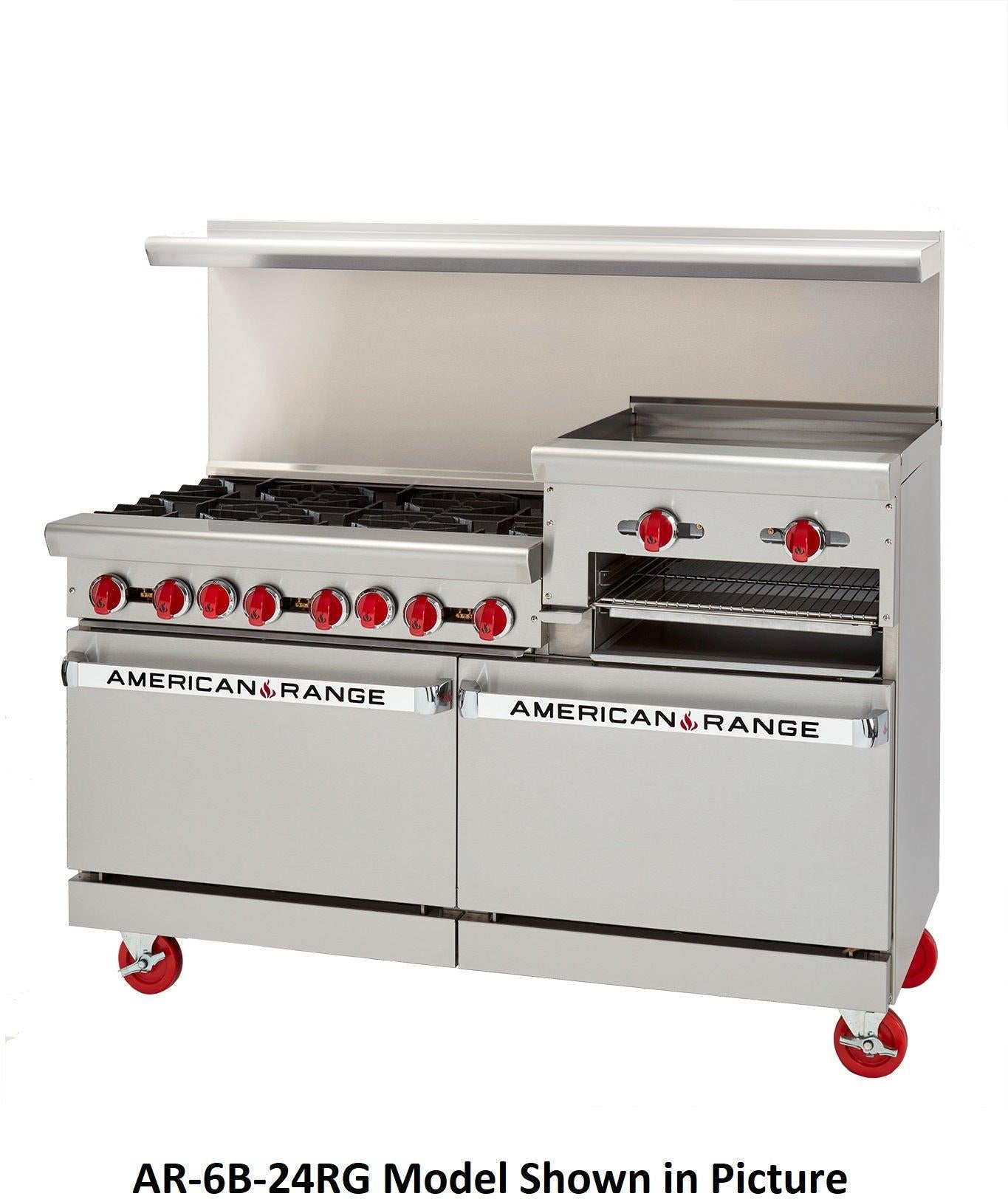 American Range - 60" Stainless Steel Restaurant Range 36" Raised Griddles, 4 Burners With 26.5" 2 Standard Ovens - AR-4B-36RG