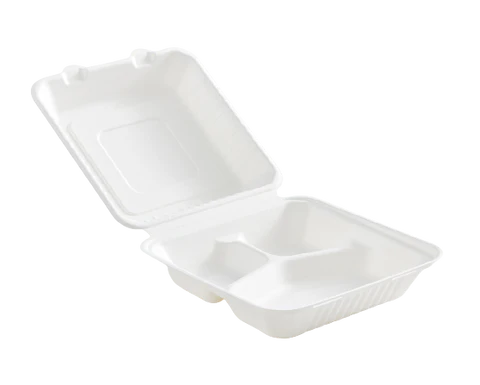 Thermal & Protective Packaging - 8" x 8" x 3" 3-Compartment Bagasse Clamshell Hinged Container, 200/Cs - 41872C