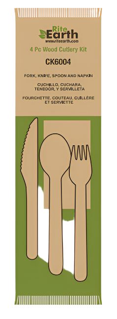 RiteEarth - Wooden Cutlery 4/1 Kit (Knife + Fork + Spoon + Napkin), Pack of 250 - RECK6004