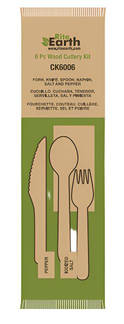 RiteEarth - Wooden Cutlery 6/1 Kit (Knife + Fork + Spoon + Napkin + Salt + Peper), Pack of 250 - RECK6006