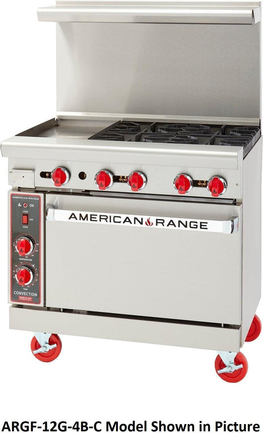 American Range -36" Stainless Steel Green Flame Ranges 24" Griddles, 2 Burners with 26.5" Convection Oven - ARGF-24G-2B-C