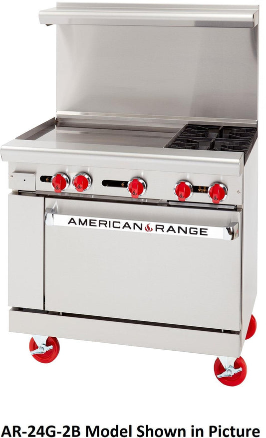 American Range - 36" Stainless Steel Restaurant Range With 24" Griddles, 2 Burners, And 26.5" Convection Oven - AR-24G-2B-C