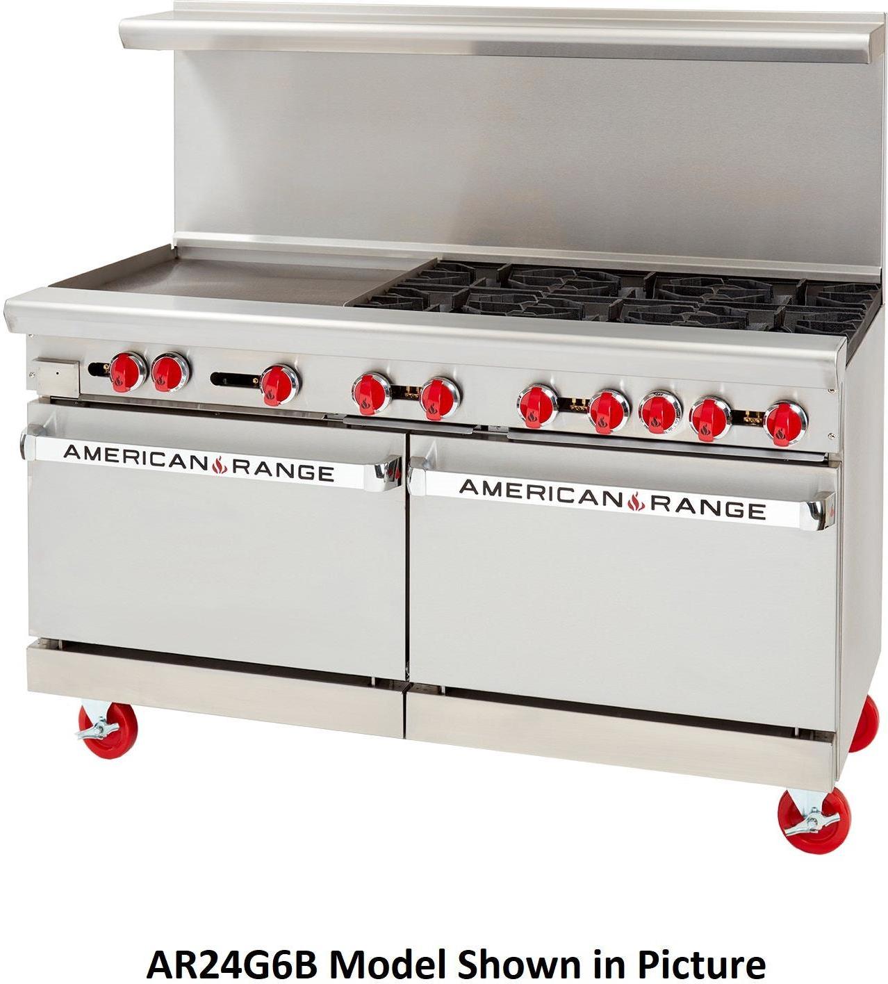 American Range - 60" Stainless Steel Restaurant Range 12" Griddles and 8 Burners With 26.5" 2 Standard Oven - AR-12G-8B