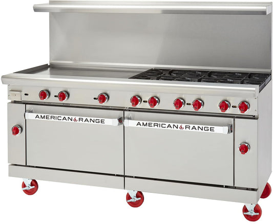 American Range - 72" Stainless Steel Restaurant Range 36" Griddles 6 Burners With 26.5" 2 Standard Oven - AR-36G-6B