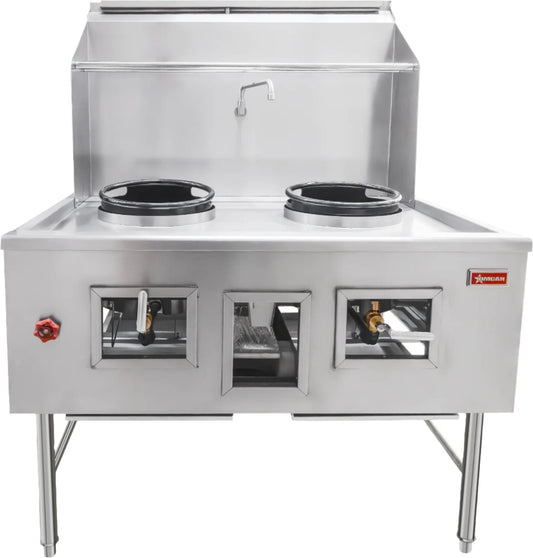 Omcan - 13" Two Chambers Natural Gas Wok Range with Backsplash and Faucet - 47726