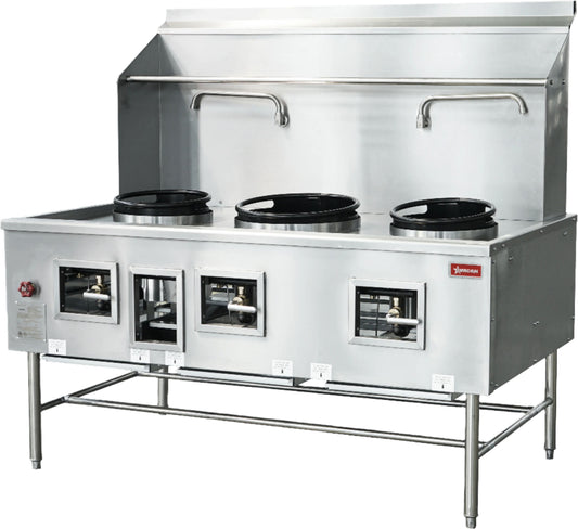 Omcan - Three Chamber Natural Gas Wok Range with 2 x13″ & 16″ Rings - 48409