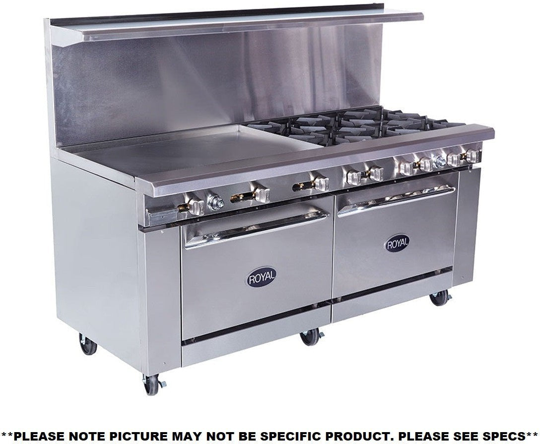 Royal - 72″ Stainless Steel 4 Open Burner Gas Range with 48” Wide Griddle and Two 26.5" Wide Ovens - RR-4G48