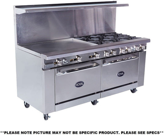 Royal - 72″ Stainless Steel 4 Open Burner Gas Range with 48” Wide Griddle and Two 26.5" Wide Ovens - RR-4G48