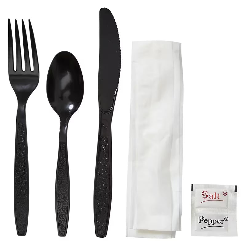 Karat - Medium-Heavy Cutlery Kit 6 Pc PP Fork, Knife, Napkin, Soup Spoon, Salt & Pepper, Pack of 250 - U2202B