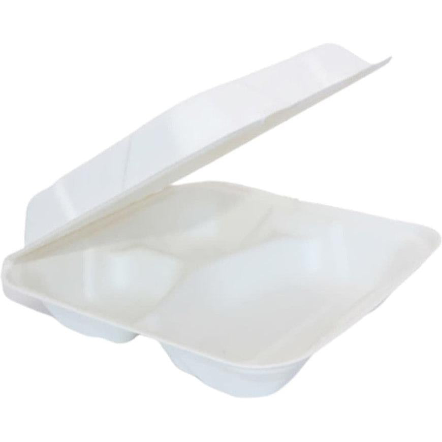 RiteEarth - 8" x 8" x 2.5" 3 Compartment Bagasse Hinged Container, 200/cs - H803